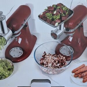 Red Kitchen Stand Mixer with Meat Grinder Attachment
